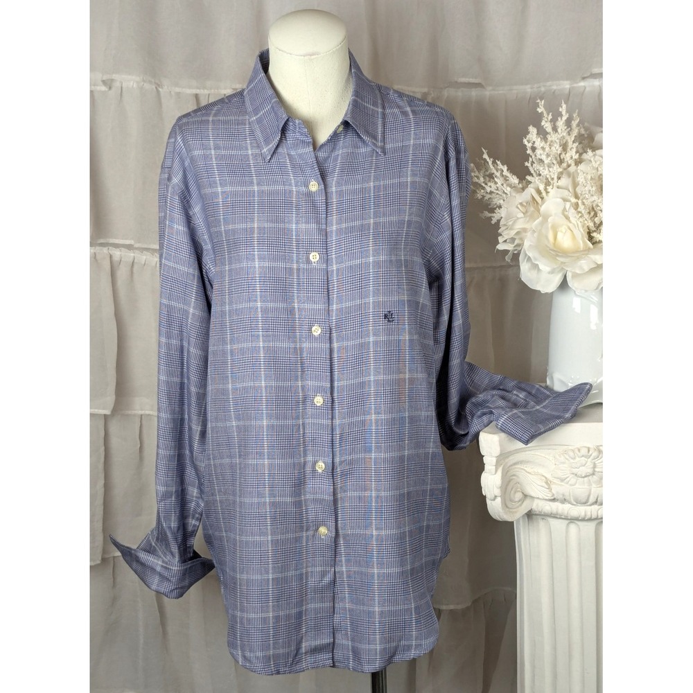 Lauren Ralph Lauren Women's 100% Silk Blue Houndstooth Button Down Blouse Size 8 - Picture 4 of 11